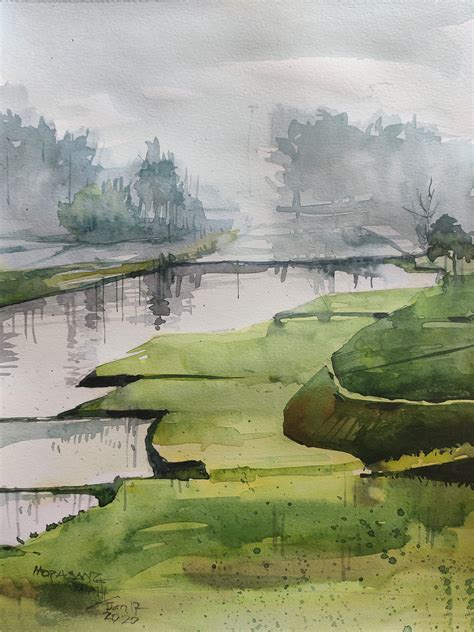 Buy Paddy Field On A Misty Morning - Watercolour Landscape Painting Online | Fizdi