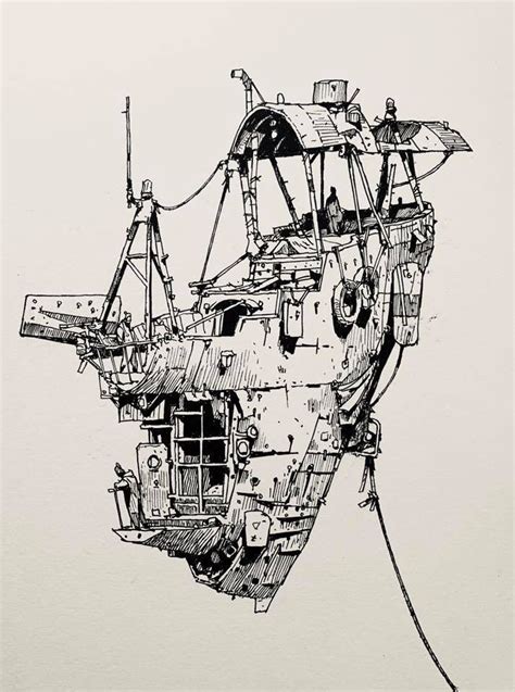 an ink drawing of a ship with ropes attached to it's hull and sails