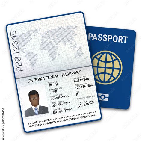 International passport template of the black man with biometric data identification and sample ...