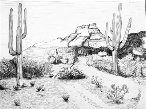 Desert landscape in pen & ink : drawing | Landscape drawings, Desert landscape art, Desert drawing