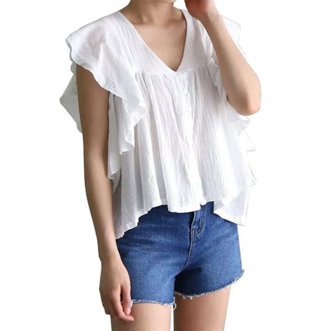 2017 100% cotton Blouses Plus Size Women Ruffly Design V Neck Shirts Fashion Sleeveless Tops ...