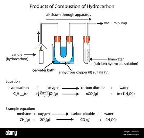 Labeled diagram showing the products of hydrocarbon combustion. Vector ...