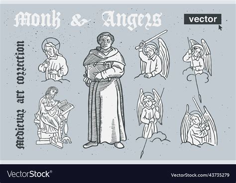 Monk and angels engraving style medieval art Vector Image