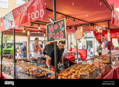 London, United Kingdom - June 25, 2016: Greenwich market. Food court: Italian Hot Food stall ...