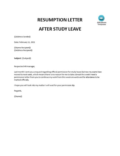 Resumption Letter after study leave | Templates at allbusinesstemplates.com