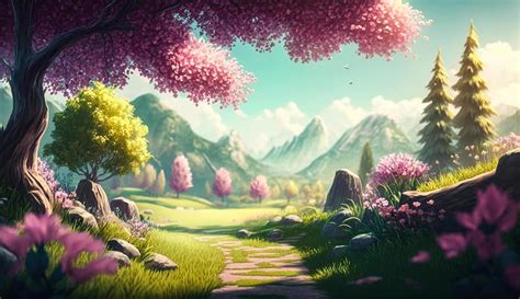 Colorful nature landscape with trees, flowers, and hills. Beautiful ...