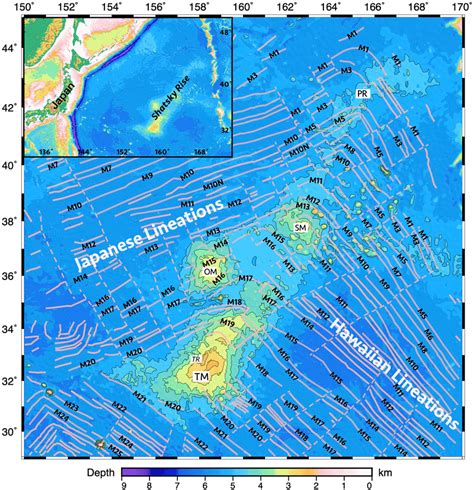 Shatsky Rise location, bathymetry, and magnetic lineations. TM, Tamu ...