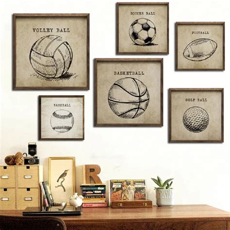 Hand Painted Balls Canvas Paintings Vintage Posters Sports Fans Wall ...