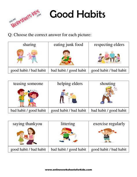 Good Habits Vs Bad Habits Worksheet For Grade 1-8