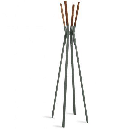a metal and wood coat stand with three wooden poles