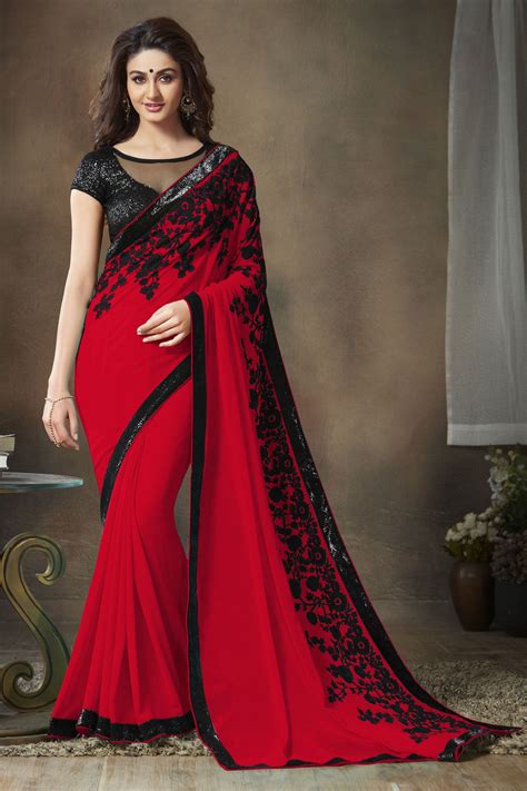 Red Saree with black border | Dresses Images 2022