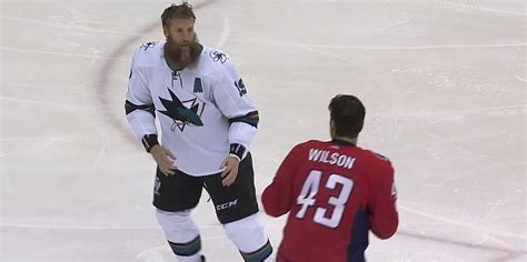 Tom Wilson fights Joe Thornton, knocks him over with one huge punch