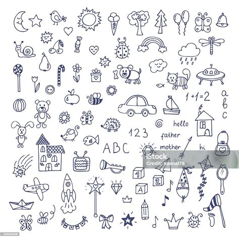 Set Of Hand Drawn Cute Doodles Doodle Children Drawing-vektorgrafik och ...