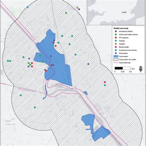 Flood extent of December 2013 east coast surge and location of health ...