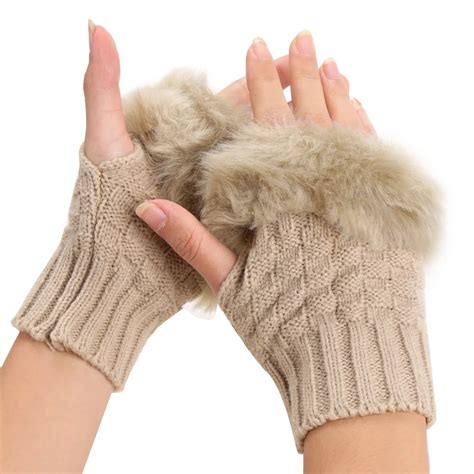 2016 Women Winter Faux Rabbit Fur Villi Gloves Arm Warmer Fingerless Wrist Gloves Knitted Fur ...