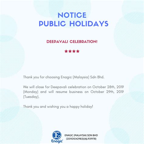 NOTICE | Public Holiday (Deepavali) - Enagic (Malaysia) Sdn Bhd