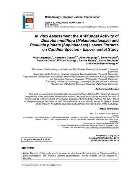 (PDF) In vitro Assessment the Antifungal Activity of Dissotis multiflora (Melastomataceae) and ...