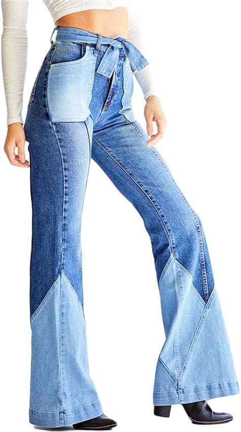 Laisla fashion Denim Bell Bottom Pants Women Classic Two Tone Splice ...