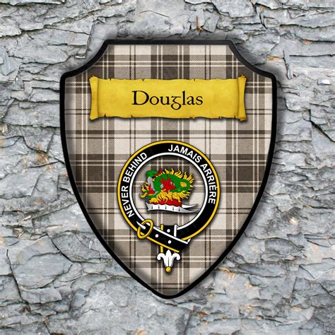 Douglas Shield Plaque with Scottish Clan Coat of Arms Badge on Clan Plaid Tartan Background Wall ...