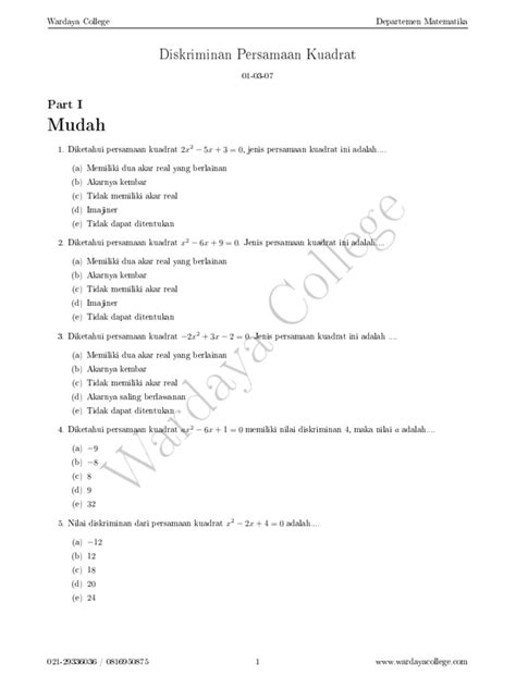 01 03 07 Diskriminan Persamaan Kuadrat - Soal | PDF