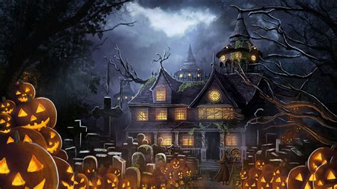 Wallpaper graveyard Anime Pumpkin Fantasy Halloween Houses Holidays