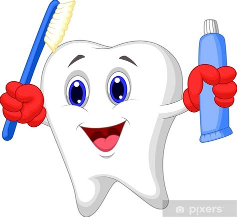 Poster Tooth cartoon holding toothbrush and toothpaste - PIXERS.UK