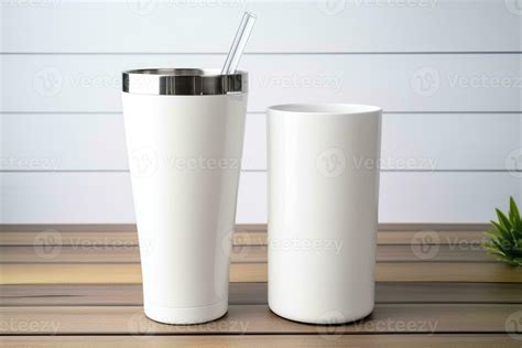 AI generated White stainless steel sublimation blank tumblers with straw, product shot ...