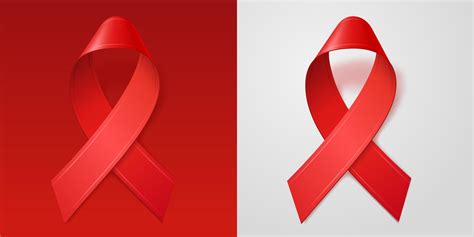 Red ribbon is symbol of HIV AIDS awareness. Realistic 3d ribbon on red and white isolated ...