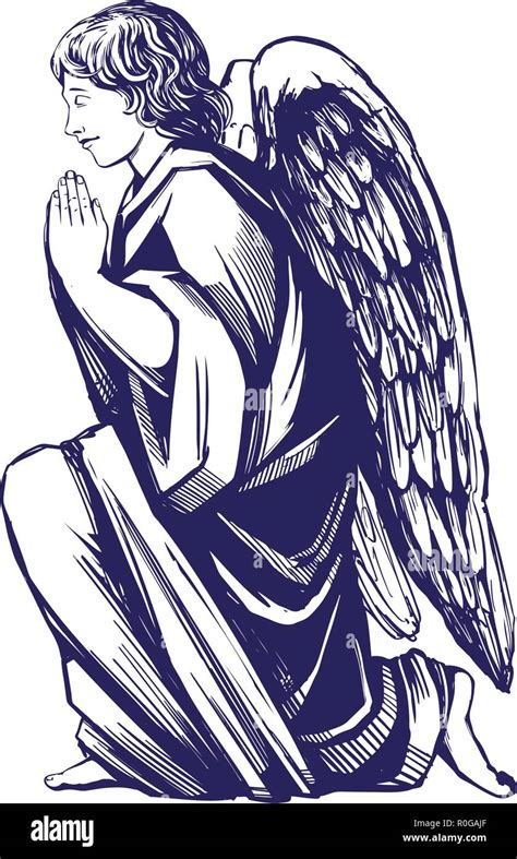 angel prays on his knees religious symbol of Christianity hand drawn vector illustration sketch ...