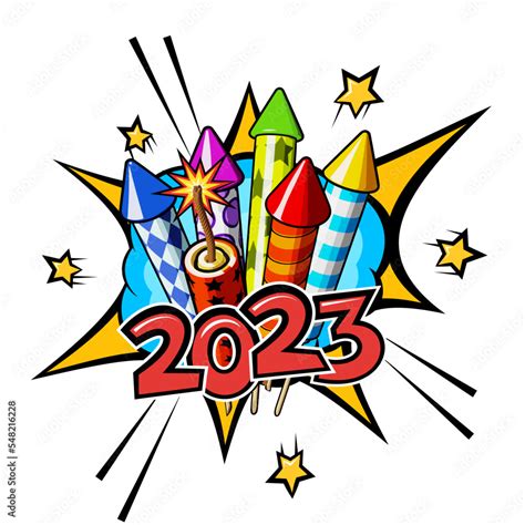 New year fireworks, 2023 text and explosion in comic pop art style. Vector illustration on white ...