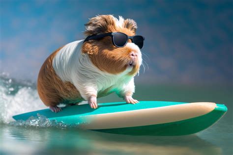 Cool guinea pig is surfing on a surfboard wearing sunglasses in the sea ...