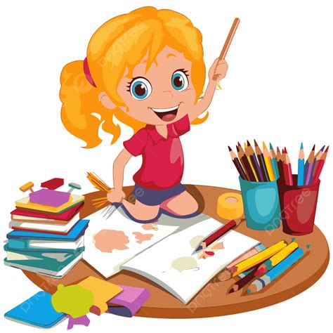 Clipart Gadis Kecil Dengan Pensil Dan Buku Duduk Dengan Buku Bukunya Di ...