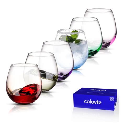 Colovie Colored Wine Glasses Set of 6, Stemless Wine Glasses, Large ...