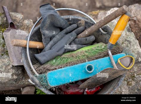 Tools in an archaeological excavation, work tools Stock Photo - Alamy