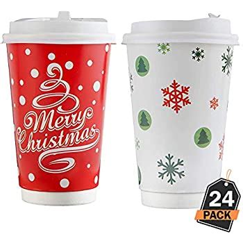 24 Piece 16 Oz Disposable Christmas Coffee Cups Set with Plastic Lids, Festive Designs, Party ...