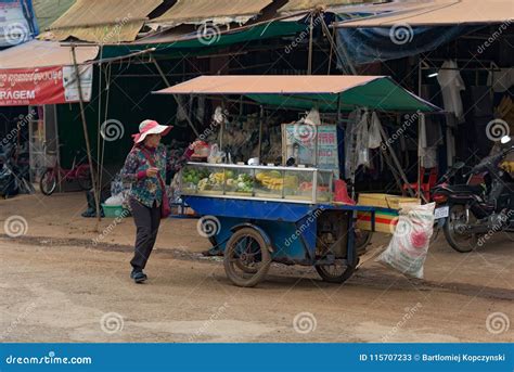 Cambodian Woman Pushing Her Cart with Street Food. Editorial Stock ...