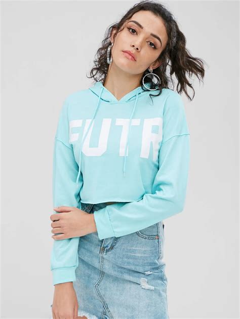 ZAFUL Cropped Hoodies Drawstring Kawaii Women Letters Print Long Sleeve ...