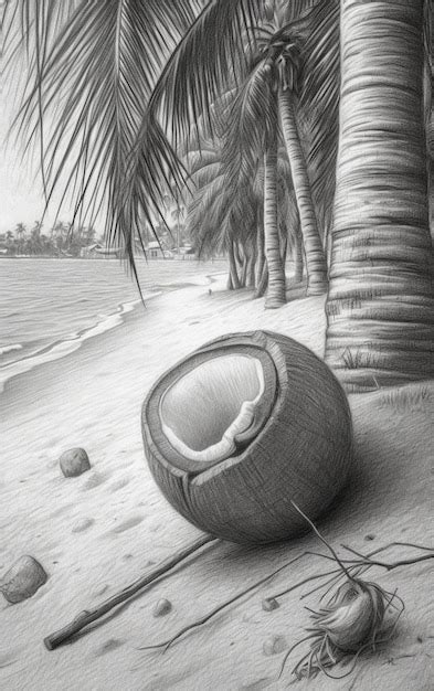 Premium AI Image | Pencil drawing of a coconut on the beach with a rope ...