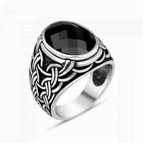 Black Zircon Stone Silver Men Ring