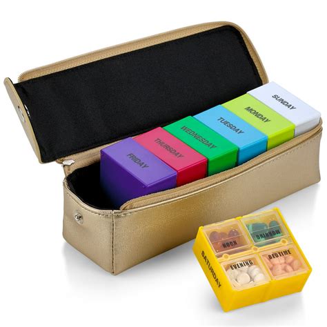 Large Weekly Pill Organizer Box in Gold Leather Case - 7 Day Week Pill ...