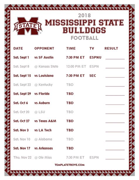 Printable 2018 Mississippi State Bulldogs Football Schedule