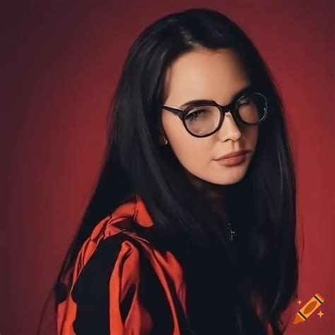 Young brunette in black and orange jacket against simple background, in 4k resolution on Craiyon