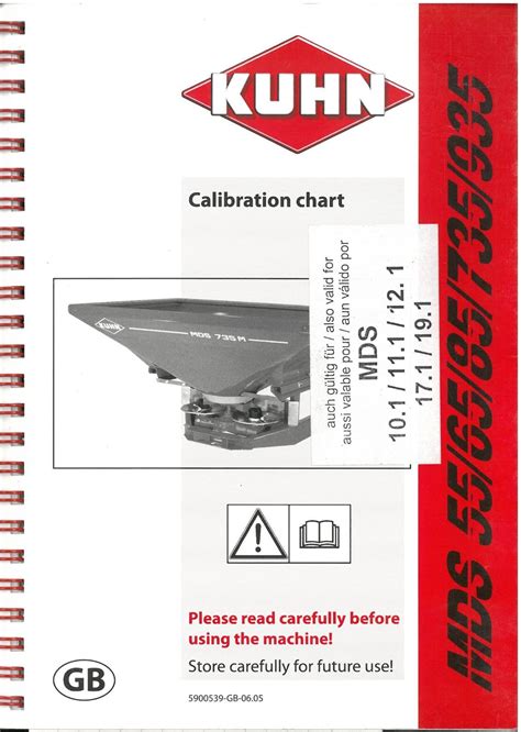 Kuhn Fertiliser Spreader MDS55 MDS65 MDS85 MDS735 MDS935 Calibration Charts Manual - MDS 55 65 85