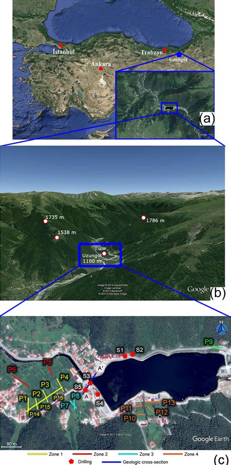 (a) The study area, Uzungöl Lake, (b) topographic view of lake ...