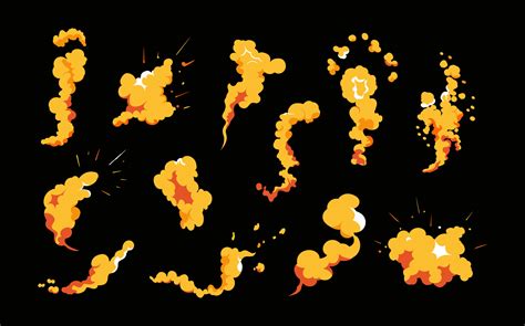 Smoke explosion animation of an explosion with comic flying clouds. Set of isolated vector ...