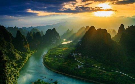 landscape, Nature, Mountain, River, Sun Rays, Clouds, Village, Mist, China, Sunset, Field ...