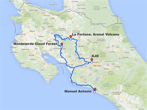 costa rica map with fortuna, manuel antonio, and monteverde | Turn-by ...