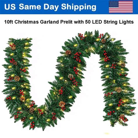 10FT Garland Prelit light Red Berries Snow Pine Cones Christmas Garland ...