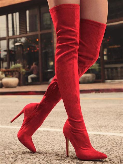 ivrose / Knee-High Pointed Toe Heels Red Boots Knee-High Pointed Toe Heels Red Boots | High knee ...