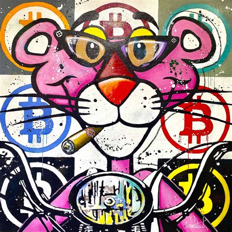 Contemporary Art - Oil on canvas - Pink panther likes Bitcoins - Patrick Cornée